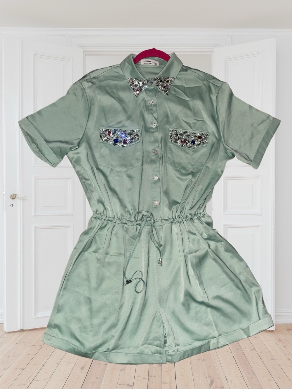 🆕#28 DIAMOND COLLAR ROMPER- Embellished Satin Romper in Mint Green, Size Lg